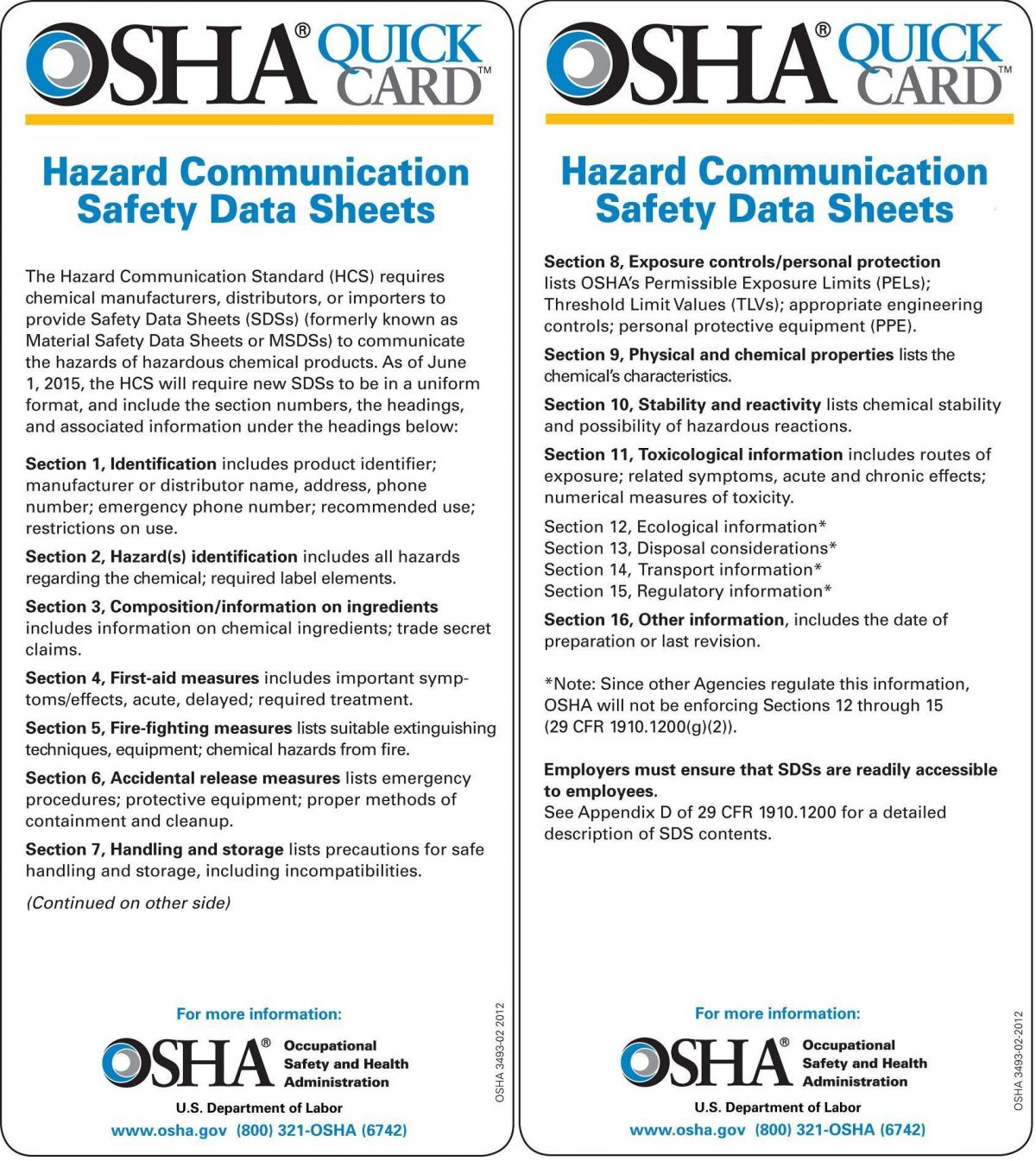 OSHA SDS Quick Card Front And Back